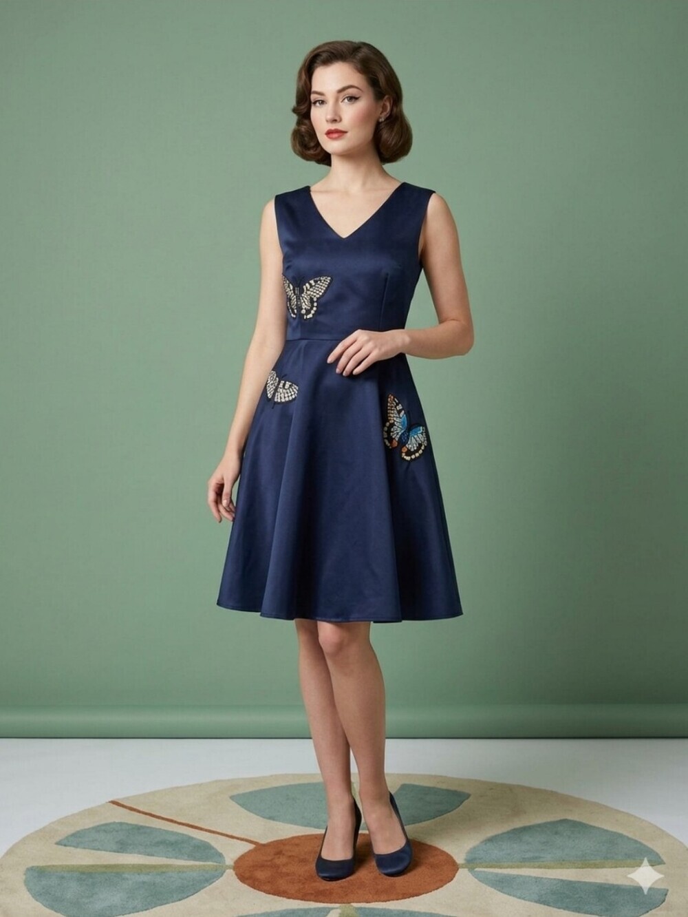 Vicky and Lucas Butterfly Embroidered Satin Fit & Flare Dress, VGUC, Size M